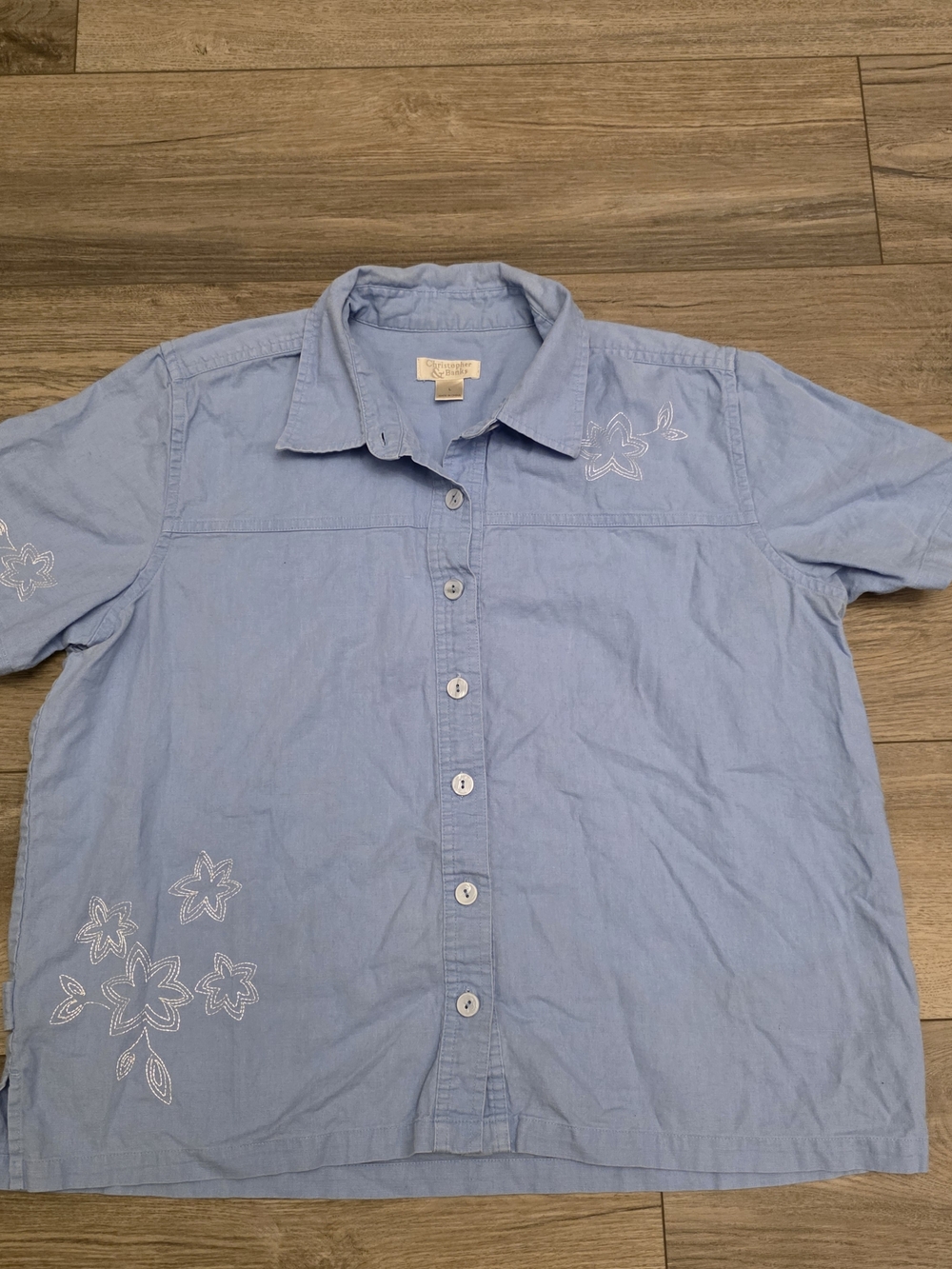 Christopher & Banks Light Blue Embroidered Cotton Button-Front Shirt